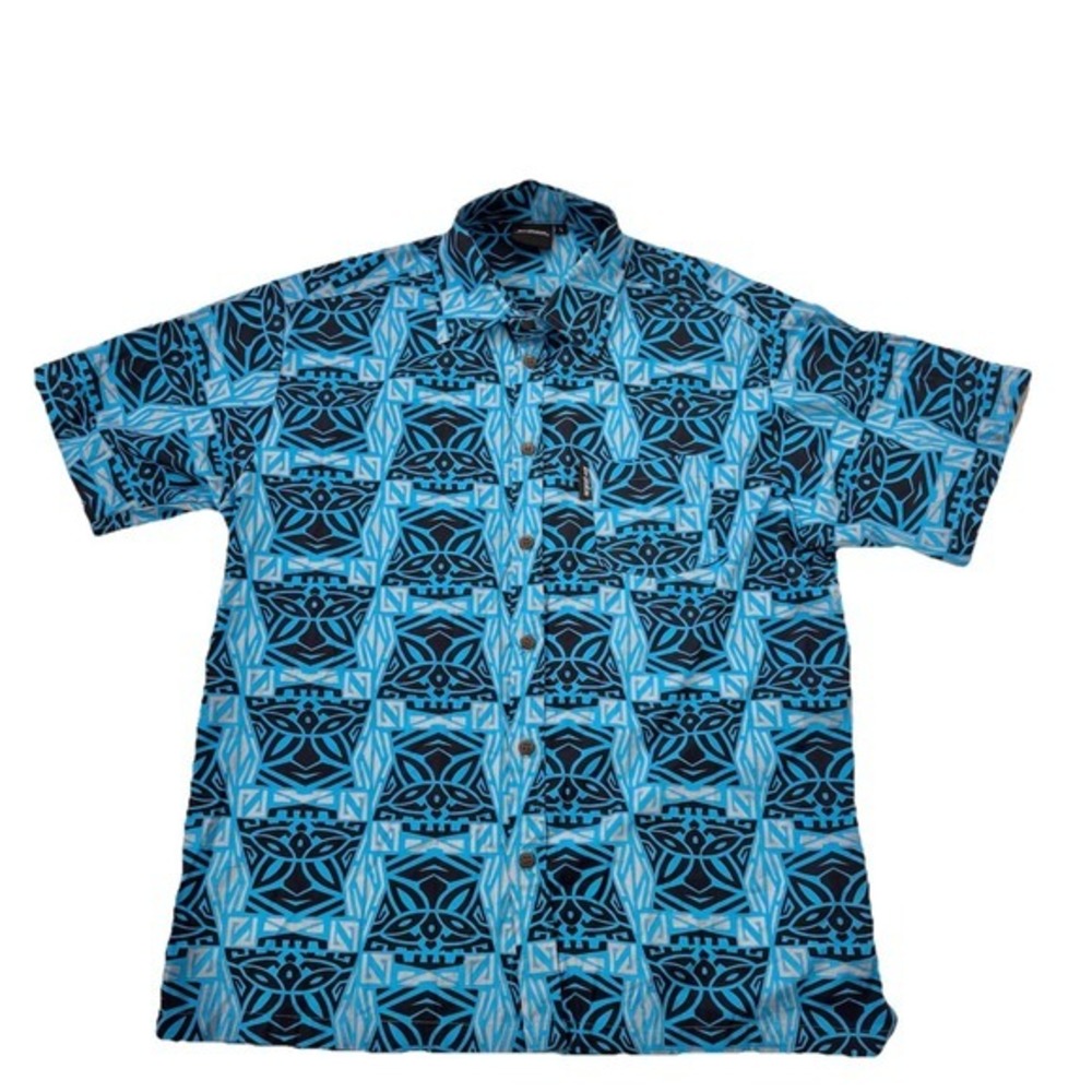 Kai-Veikau Button-Up Shirt Men L Blue Aloha Tribal Geometric Fiji Rayon Pocket‎